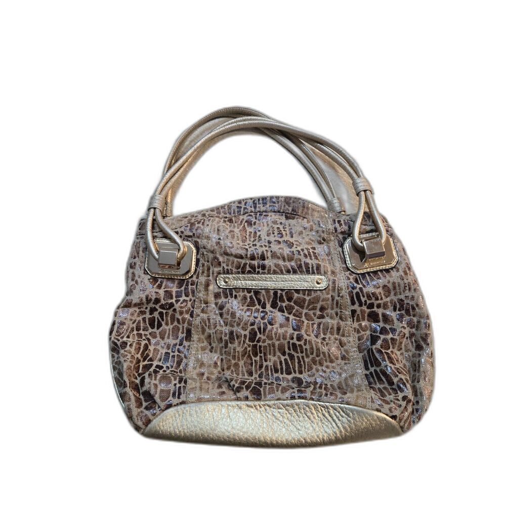 B. Makowsky Gold Snakeskin Pattern Linen Satchel Purse - Picture 2 of 9